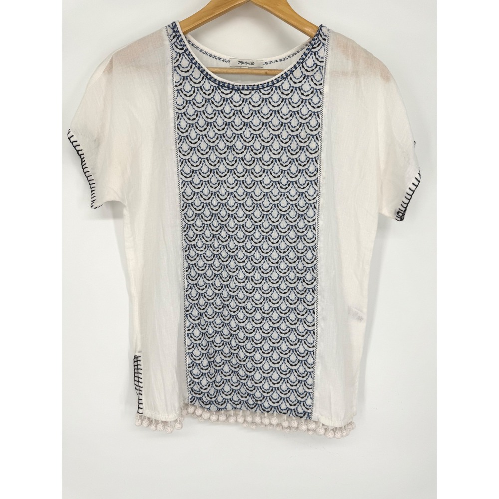 Madewell White Blue Embroidered Pom Pom Hem Boho Blouse XS F2131 Coastal Summer - Picture 2 of 10